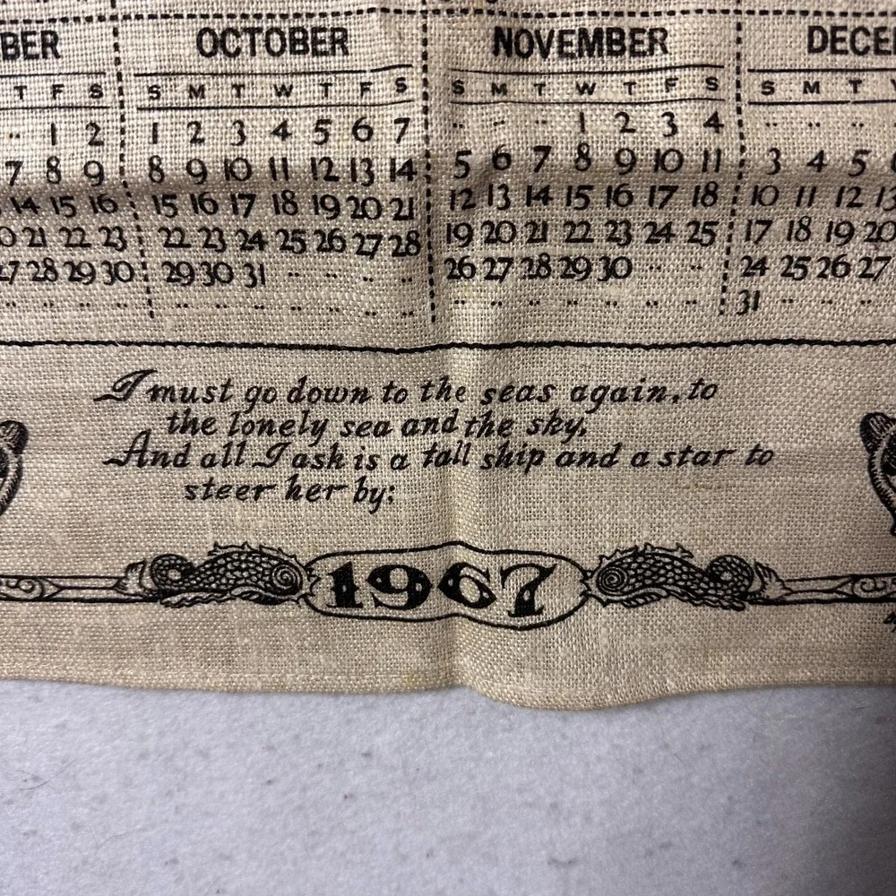 Vintage 1967 Linen Calendar Tea Towel Warren Boucher Tall Ship Nautical Sea Poem